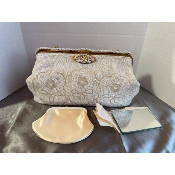 Vintage Made in France White Beaded Evening Bag Set (NOS) - Picture 1 of 10